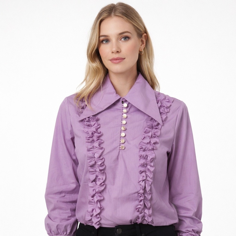 Vintage Ben Rose Purple Ruffle Blouse Long‎ Sleeve Button Front Montreal Small